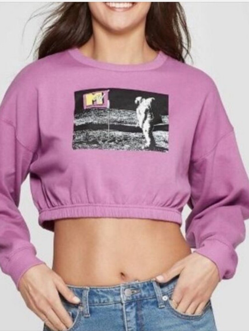 MTV Lavender Cropped Crewneck Sweatshirt with Moon Graphic